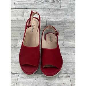 Clarks Collection Red Nubuck Leather Wedge Sandals Peep Toe Women Size 6.5M